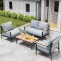 4 Pieces Outdoor Sofa Conversation Set, 4 Seats Couch Set with Table, Metal Frame Rope Weaving Design UV Resistance Waterproof for Patio Garden Balcony, Grey by Jocoevol