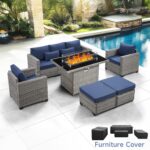 6 Pieces Outdoor Patio Furniture Sets with Furniture Cover, PE Rattan Wicker Patio Conversation Set with 60000 BTU Outdoor Propane Fire Pit Table (Royal Blue, Fire Pit Table) by wudipatio