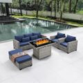 6 Pieces Outdoor Patio Furniture Sets with Furniture Cover, PE Rattan Wicker Patio Conversation Set with 60000 BTU Outdoor Propane Fire Pit Table (Royal Blue, Fire Pit Table) by wudipatio