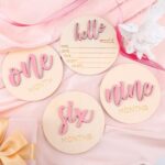 7 Pcs Baby 3D Monthly Milestone Wooden Signs Girl Baby 1-12 Months Announcement Card Sign Wood Markers Disc Block Baby Keepsake Double Sided Engraved Keepsake Photo Prop (Pink) by HIYZI