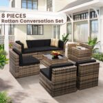 8 Pieces Outdoor Wicker Rattan Patio Furniture Sectional Set, Glass Top Table with Hidden Storage, 7 Sofa Sections, Oversized Cushions, Natural Color Rattan with Black Cushion by KROFEM