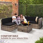 8 Pieces Outdoor Wicker Rattan Patio Furniture Sectional Set, Glass Top Table with Hidden Storage, 7 Sofa Sections, Oversized Cushions, Natural Color Rattan with Black Cushion by KROFEM