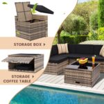 8 Pieces Outdoor Wicker Rattan Patio Furniture Sectional Set, Glass Top Table with Hidden Storage, 7 Sofa Sections, Oversized Cushions, Natural Color Rattan with Black Cushion by KROFEM