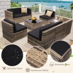 8 Pieces Outdoor Wicker Rattan Patio Furniture Sectional Set, Glass Top Table with Hidden Storage, 7 Sofa Sections, Oversized Cushions, Natural Color Rattan with Black Cushion by KROFEM