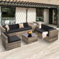 8 Pieces Outdoor Wicker Rattan Patio Furniture Sectional Set, Glass Top Table with Hidden Storage, 7 Sofa Sections, Oversized Cushions, Natural Color Rattan with Black Cushion by KROFEM