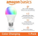 Amazon Basics Smart A19 LED Light Bulb, Color Changing, 9W (60W Equivalent), 800LM, Works with Alexa Only, 2.4 GHz Wi-Fi, No Hub Required, 1 Pack by Amazon Basics