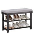 Apicizon 3-Tier Shoe Rack for Entryway, Bamboo Shoe Bench with Cushion Padded Seat, Small Shoe Organizer with Storage for Indoor Entrance Hallway Bedroom Living Room, Black by Apicizon