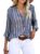 Astylish Women V Neck Striped Roll up Sleeve Button Down Blouse Tops by Astylish