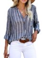 Astylish Women V Neck Striped Roll up Sleeve Button Down Blouse Tops by Astylish