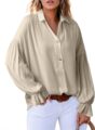 Astylish Women’s Casual Blouses Business Linen Tops Cute Puff Sleeve V Neck Button-Down Henley Shirts 2025 Fall Outfits by Astylish