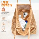 Beach Bags for Women, Summer Travel Mesh Tote Bag with Large Inner Pocket, Sandproof Woven Shoulder Handbag by HOHOM