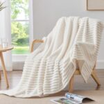 BEDELITE Fleece Throw Blanket for Couch - 300GSM Soft & Warm Fluffy Cream White Blanket, Decorative and Giftable Striped Blankets for Women, Men, 50"x60" by BEDELITE
