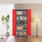 Bonusall 72" Metal Garage Storage Cabinet, 2 Locking Doors & 4 Adjustable Shelves Tall Storage, Heavy Duty Steel Tool Cabinet for Home, Office, Warehouse, School (Black Red) by Bonusall