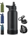 CIVAGO 32 oz Insulated Water Bottle With Straw, Stainless Steel Sports Water Cup Flask with 3 Lids (Straw, Spout and Handle Lid), Wide Mouth Travel Thermal Mug, Black by CIVAGO