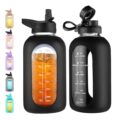 CIVAGO 64 oz Glass Water Bottle Jug with Straw and Handle, Half Gallon Sports Motivational Water Bottle with Time Marker, Wide Mouth Flask Canteen with Silicone Sleeve for Gym,… by CIVAGO