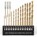 COMOWARE Titanium Twist Drill Bit Set – 16 Pcs Hex Shank High Speed Steel for Wood Plastic Aluminum Alloy, Quick Change, 1/16″-1/4″ by COMOWARE