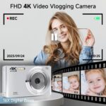 Digital Camera, 2025 4K 44MP Autofocus Digital Cameras for Teens, Silver Point and Shoot Camera for Kids with 16X Zoom, 64GB SD Card, Compact Small for Boys Girls Teens Kids Gift by SMARTKLIK