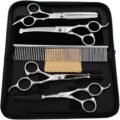 Dog Grooming Scissors Kit with Round Tip, 6 in 1 Cat Dog Scissors, Stainless Steel Pet Grooming Shears, Straight, Curved, Thinning Shears, Comb for Full Body, Face, Nose, Ear & Paw by iSeaFly