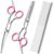 Dog Grooming Scissors with Safety Round Tips Stainless Steel Professional Dog Grooming Kit – Thinning, Curved Scissors and Comb for Cat Pet (Pink 4 in 1) by FAIGEO