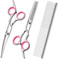 Dog Grooming Scissors with Safety Round Tips Stainless Steel Professional Dog Grooming Kit – Thinning, Curved Scissors and Comb for Cat Pet (Pink 4 in 1) by FAIGEO