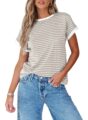 Dokotoo Women’s Casual Colorblock Striped Short Sleeve Tops Crew Neck Knit Basic T Shirts by Dokotoo