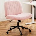 DUMOS Criss Cross Chair with Wheels, Legged Office Armless Wide Desk Seat with Dual-Purpose Base, Adjustable Swivel Teddy Fabric Task Vanity Home Bedroom, Pink by DUMOS