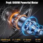 Electric Bike for Adults, 1000W Peak Ebike, 50Miles 21.7MPH Electric Mountain Bike, 26" Adult Electric Bicycle with 48V Removable Battery, Adjustable Stem, Fenders, 21 Speed, UL... by Funhang