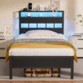 Furnulem Twin Bed Frames with Charging Station and LED Lights, Twin Size Platform Bed with Metal Slats, Wood Headboard with 2-Tier Storage Shelves, No Box Spring Needed, Black Oak by Furnulem