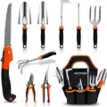 Garden Tool Set,10 PCS Stainless Steel Heavy Duty Gardening Tool Set with Soft Rubberized Non-Slip Ergonomic Handle Storage Tote Bag,Gardening Tool Set Gifts for Women and Men by QINGFANGLI