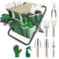 Garden Tool Set, 10 Piece Kit with Heavy Duty Folding Stool, Detachable Storage Tote Bag, Stainless Steel Tools, Gifts for Women Men Green by HoHaing