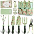 Gardening Tools, WisaKey 10 Piece Heavy Duty Garden Tools Set with Handle, Durable Fashion Garden Organizer Handbag, Ideal Gardening Gifts for Women by WisaKey