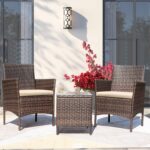 Greesum 3 Pieces Patio Furniture Sets Outdoor PE Rattan Wicker Chairs with Soft Cushion and Glass Coffee Table for Garden Backyard Porch Poolside, Brown and Beige by Greesum