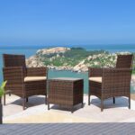 Greesum 3 Pieces Patio Furniture Sets Outdoor PE Rattan Wicker Chairs with Soft Cushion and Glass Coffee Table for Garden Backyard Porch Poolside, Brown and Beige by Greesum