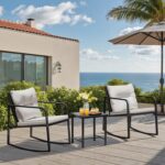 Greesum 3 Pieces Rocking Wicker Bistro Set, Patio Outdoor Furniture Conversation Sets with Porch Chairs and Glass Coffee Table, Beige by Greesum