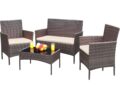 Greesum Patio Furniture 4 Pieces Conversation Sets Outdoor Wicker Rattan Chairs Garden Backyard Balcony Porch Poolside loveseat with Soft Cushion and Glass Table, Brown and Beige by Greesum