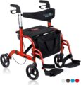 Health Line Massage Products 2 in 1 Rollator-Transport Chair w/Paded Seatrest, Reversible Backrest and Detachable Footrests, Cherry Red by HEALTH LINE MASSAGE PRODUCTS
