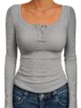 Kissfix Womens Long Sleeve Shirts Fall Clothes Henley Tops Business Casual Ribbed Blouses Fashion Trendy Outfits 2025 by Kissfix