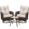 Luxury Outdoor Swivel Wicker Glider Patio Chairs with Table Set, Overstuffed Washable Cushions, Ideal for Porch, Balcony, Deck, Brown Rattan and Beige Cushion by wildformers