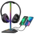 New bee RGB Headphone Stand with 1 USB-C Charging Port and 1 USB Charging Port, Desk Gaming Headset Stand with 7 Light Modes for All Earphone Accessories (Black) by New bee