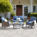 ovios 4 Pieces Patio Furniture Set, Outdoor Wicker Sofa with Coffee Table, Chairs, All Weather High Back Rattan Loveseat Couch with Comfy Cushions, Denim Blue by ovios