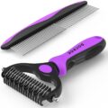 Pet Grooming Brush and Metal Comb Combo – Undercoat Rake for Dematting and Deshedding Long Matted Haired Dogs and Cats, Purple by Docrok