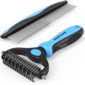 Pet Grooming Combo – Blue Deshedding Brush with Metal Comb for Detangling and Dematting Long, Matted Fur on Cats and Dogs by Docrok