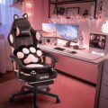Pink Gaming Chair Cute with Cat Ears Paw Lumbar and Cushion,Ergonomic Computer Chair with Footrest,Reclining PC Game Chair for Girl Computer Chair 300lbs for Adult by MEENICE