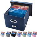 PRANDOM File Organizer Box – Set of 1 Collapsible Decorative Linen Filing Storage Hanging File Folders with Lids Office Cabinet Letter/Legal Size Navy Blue (17x14x11.2 inch) by PRANDOM