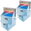 PRANDOM File Organizer Box – Set of 4 Collapsible Decorative Linen Filing Storage Hanging File Folders with Lids Office Cabinet Letter/Legal Size Blue 17.1x14x11.1 inch by PRANDOM