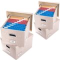 PRANDOM File Organizer Box – Set of 4 Collapsible Decorative Linen Filing Storage Hanging File Folders with Lids Office Cabinet Letter/Legal Size Light Grey (17x14x11.2 inch) by PRANDOM