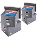 PRANDOM File Organizer Box – Set of 4 Collapsible Decorative Linen Filing Storage Hanging File Folders with Lids Office Cabinet Letter/Legal Size Grey 17.1x14x11.1 inch by PRANDOM