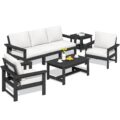 SERWALL HDPE Patio Furniture Set, 7-Piece Outdoor Sectional Sofa Set, All Weather Outdoor Couch Set for Deck, Lawn, Black Frame with Khaki Cushion by SERWALL