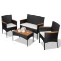 Shintenchi 4-Piece Patio Furniture Set, Outdoor Wicker Patio Conversation Furniture Set with Cushions and Wooden Tabletop for Paito Lawn Backyard, White Cushion by Shintenchi