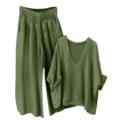 Sinzelimin Women Cotton Linen Outfits Solid V-Neck Long Sleeves Oversized Shirts Tops Loose Comfy Wide Leg Capri Pant 2PC Set by Sinzelimin